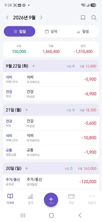 CashTory 실제 가계부 화면